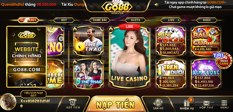 Kho game giải trí tại Go88 vô cùng đa dạng và đẳng cấp